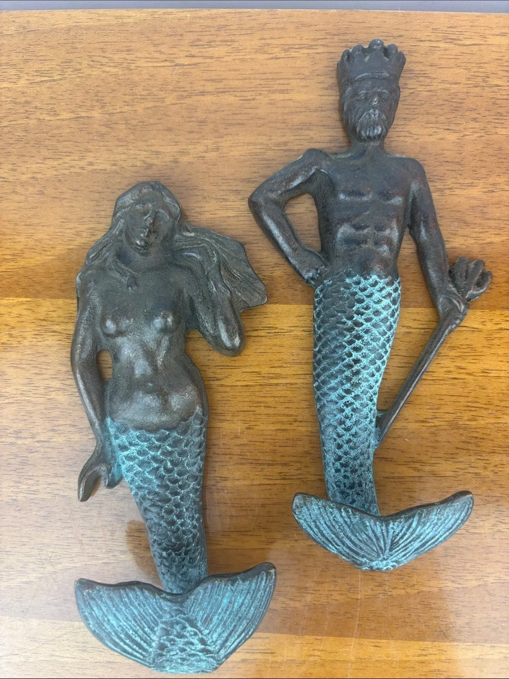 Vintage 80s-90s SPI cast iron mermaid & Neptune wall hooks pair verdigris